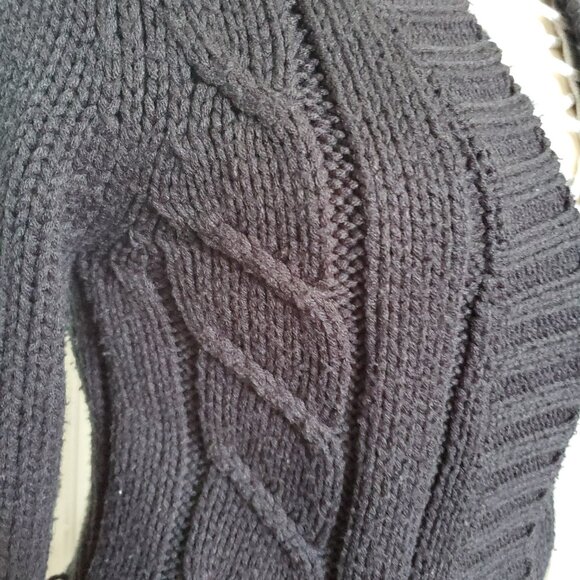 New York & Co - Cable Long Sleeve Tie Waist Cardigan Seater Coat Black - Picture 3 of 7